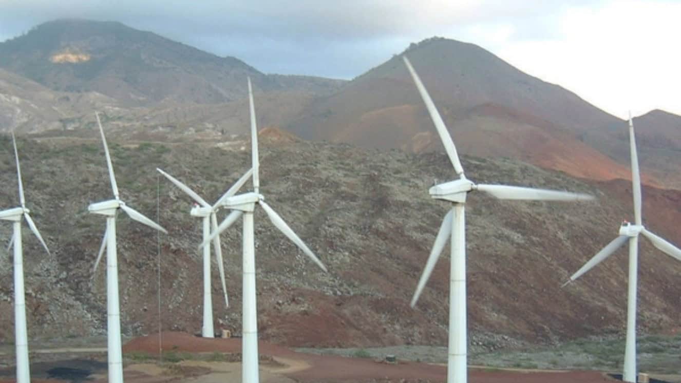 Wind turbines in the California mountains.