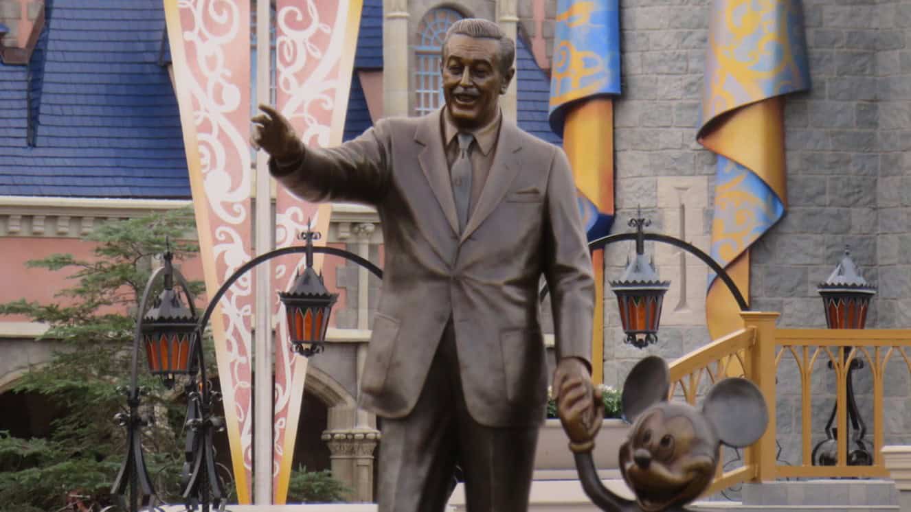 Walt Disney and Mickey Mouse statue welcoming guests using a Disney military discount.