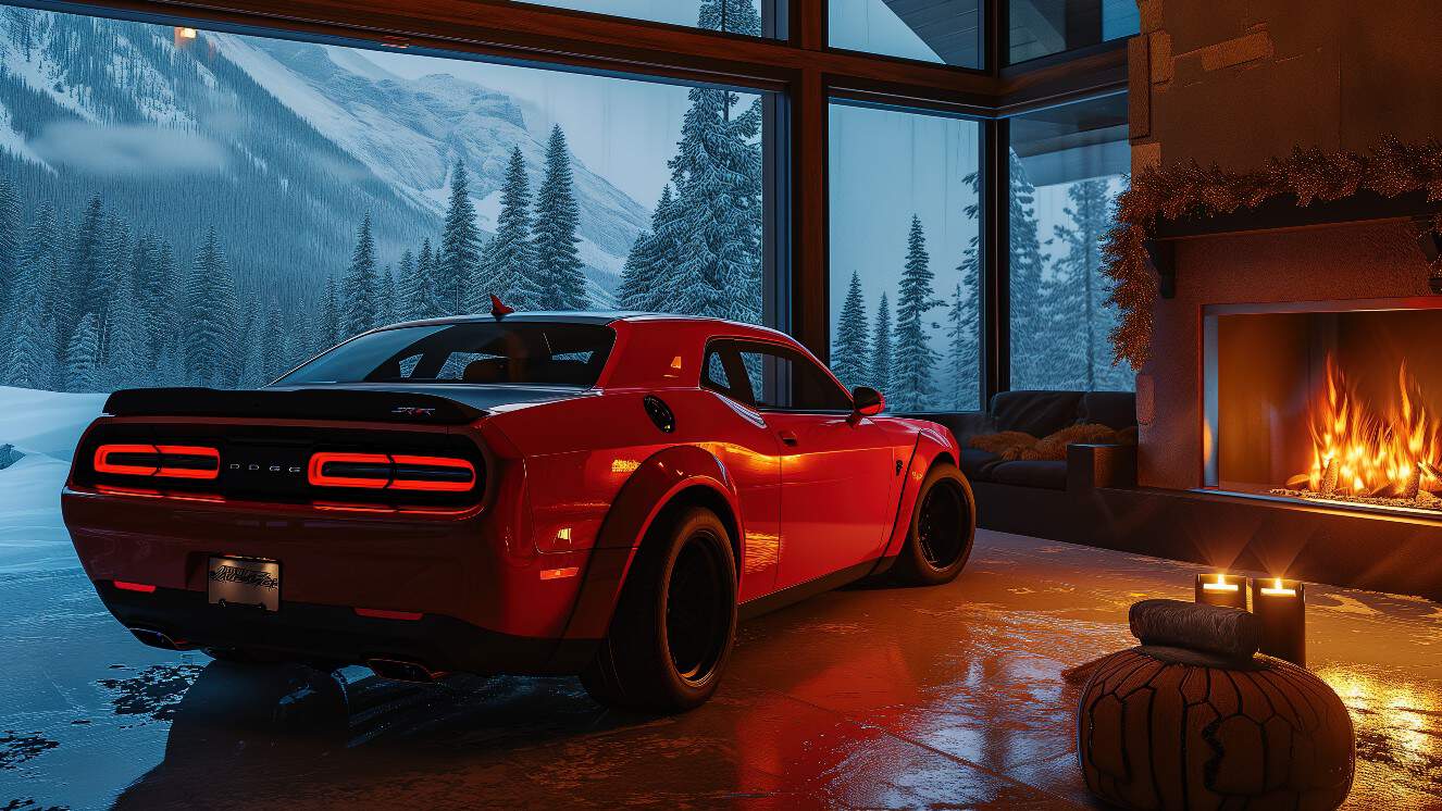 A Dodge Challenger SRT Demon 170 parked in front of a fire.