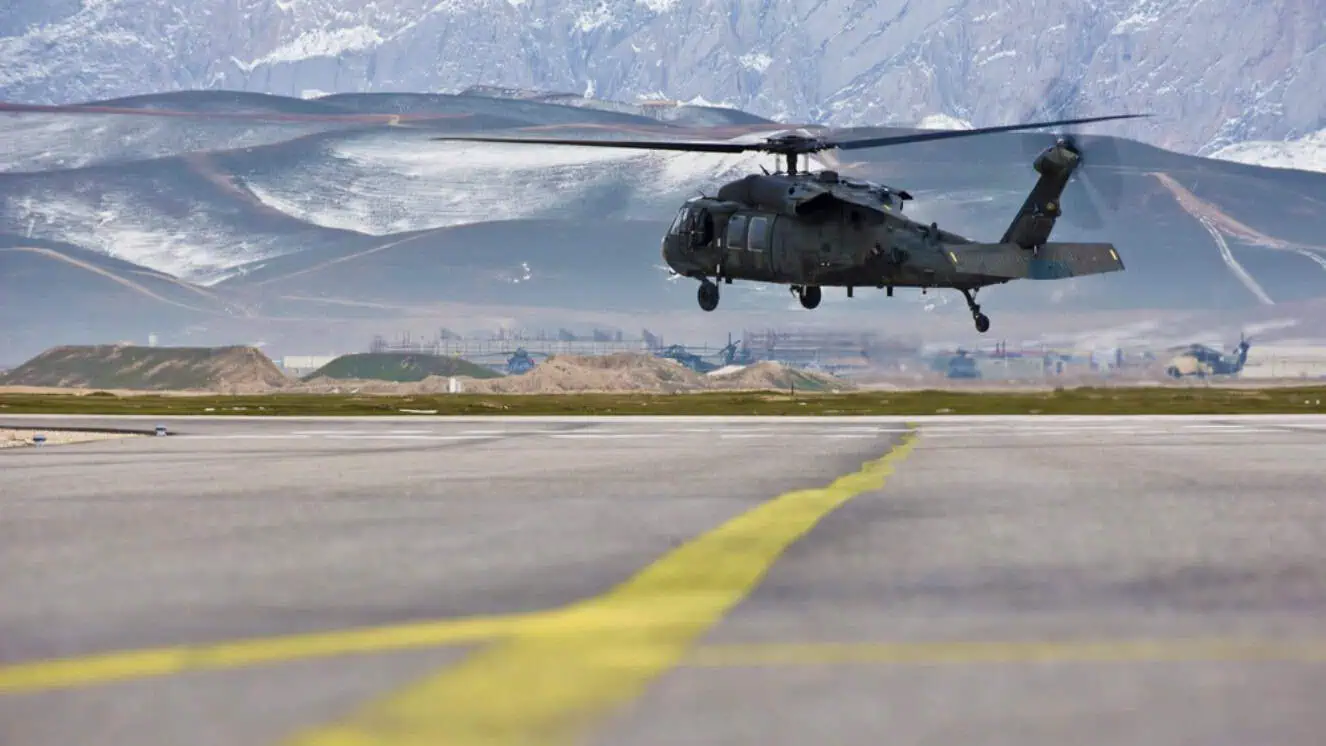 Helicopter taking off to provide relief after Japan earthquake.