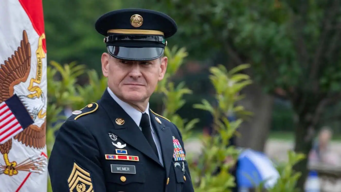 Sgt. Maj. of the U.S. Army Michael Weimer, swears in as the 17th Sergeant Major of the Army during the change of responsibility ceremony at Joint Base Myer-Henderson Hall in Arlington, Virginia, Aug. 4, 2023.