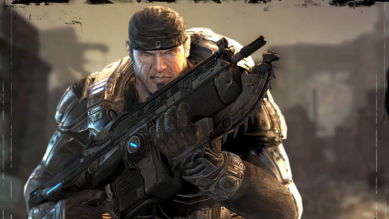 One the best video game characters, Marcus Fenix holding a gun.