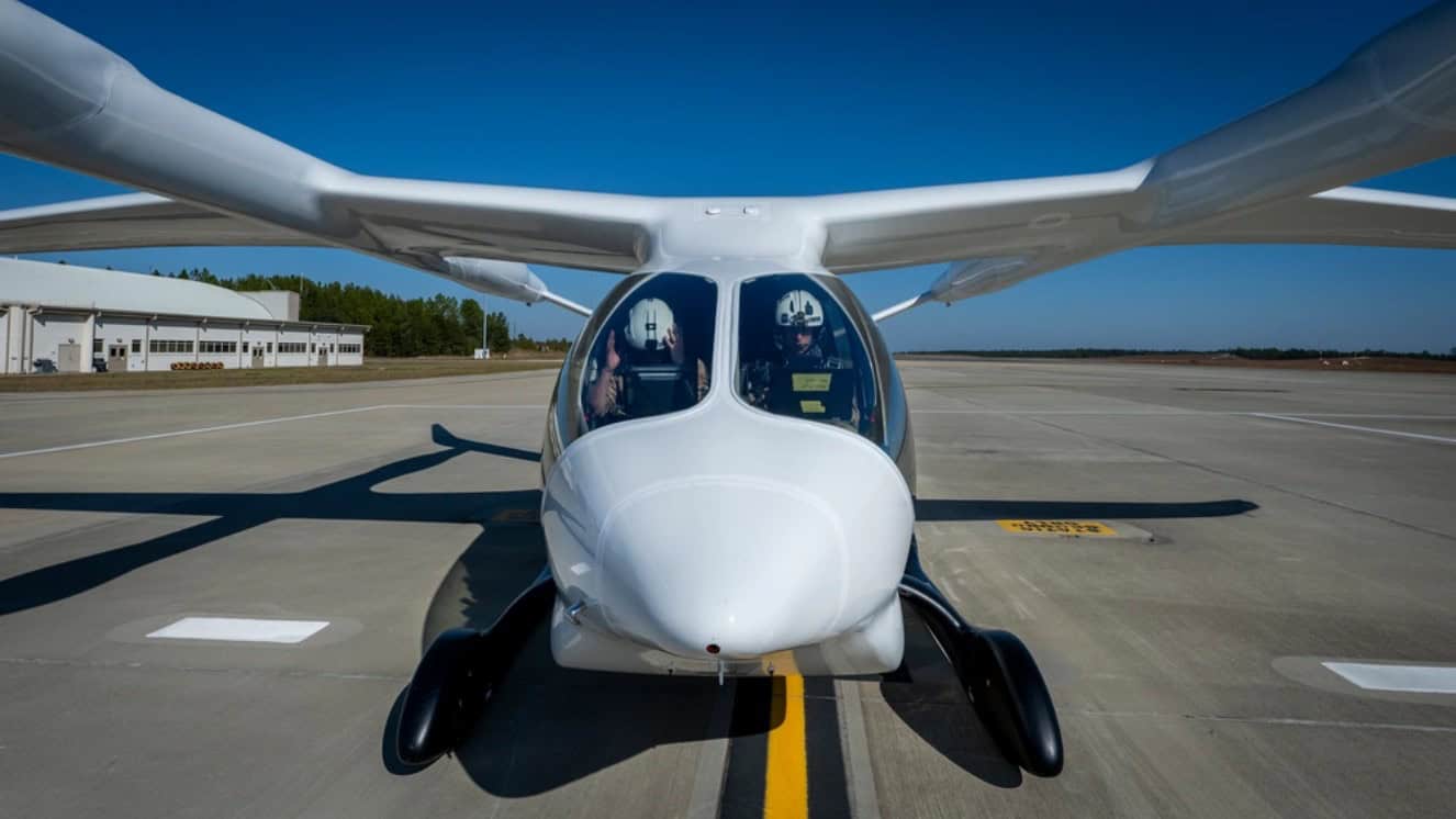 BETA Technologies Alia aircrew perform preflight checks on their aircraft Nov. 7 at Eglin Air Force Base, Fla. The aircraft performed its first official test flight traveling to Tyndall AFB and back recharging and then flying again.