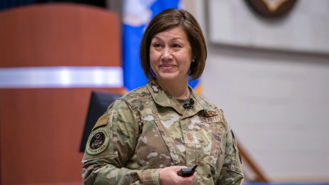 Maxwell AFB, Ala. - Chief Master Sergeant of the Air Force JoAnne S. Bass speaks at Polifka Auditorium for the Chief Orientation Symposium, an annual event where the Air Force’s newest CMSgt - selects are invited to participate on behalf of the CMSAF Feb 15, 2022