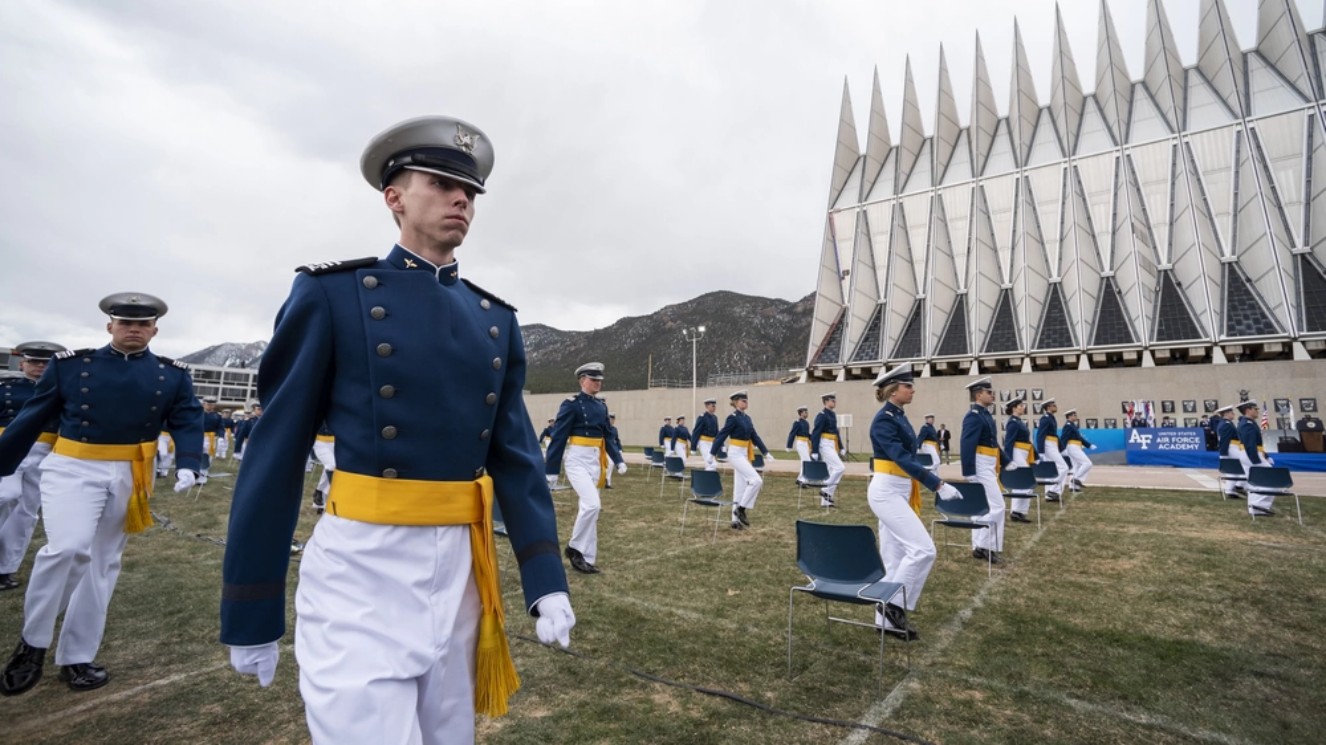 Eighty-six United States Air Force Academy graduates receive their diplomas at USAFA, Colorado, April 18, 2020. Graduates were moved directly into the U.S. Air and Space Force,
