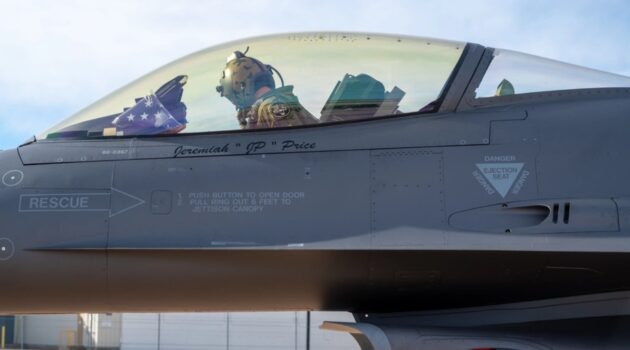 U.S. Air Force Capt. John Toliuszis, F-16 pilot from the 120th Fighter Squadron, prepares for take off at Buckley Space Force Base, Colorado, March 31, 2023. The F-16 was named the “Jeremiah ‘JP’ Price” as part of a Make-A-Wish Colorado “Top Gun school” experience for Jeremiah Price, the Wish recipient.