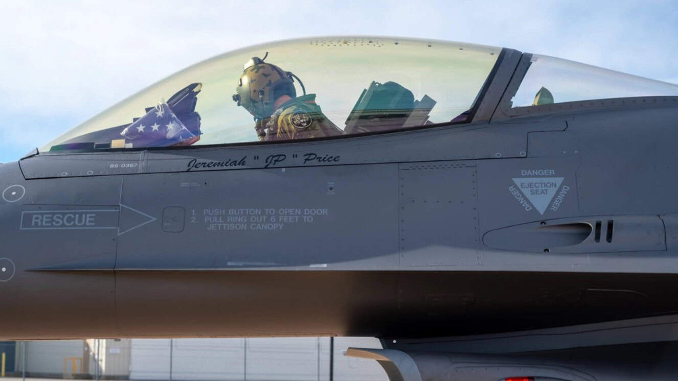 U.S. Air Force Capt. John Toliuszis, F-16 pilot from the 120th Fighter Squadron, prepares for take off at Buckley Space Force Base, Colorado, March 31, 2023. The F-16 was named the “Jeremiah ‘JP’ Price” as part of a Make-A-Wish Colorado “Top Gun school” experience for Jeremiah Price, the Wish recipient.