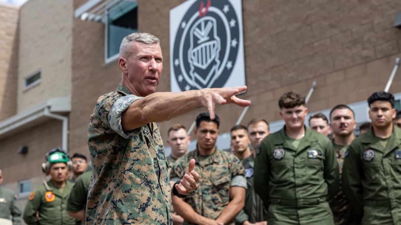 The 36th Assistant Commandant of the Marine Corps, Gen. Eric Smith, speaks with Marines from Marine Fighter Attack Squadron 314, Marine Aircraft Group 11, 3rd Marine Aircraft Wing, on Marine Corps Air Station Miramar, California, August 16, 2023.