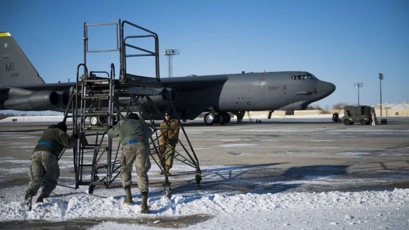 A B-52H Stratofortress bombers sit on the flightline on Minot Air Force Base, North Dakota, March 19, 2020.