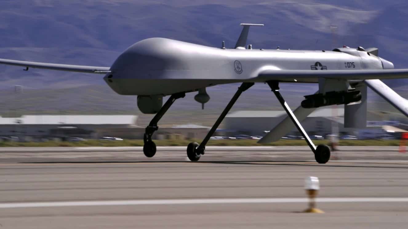 An MQ-1B Predator remotely piloted aircraft takes off on a training mission, as part of Project Maven.
