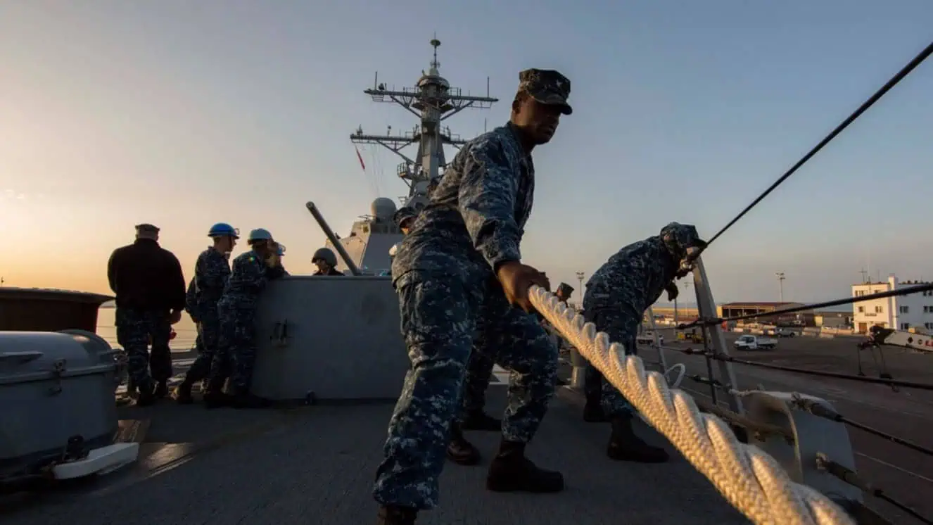 Sailor working on the USS mason destroyer.