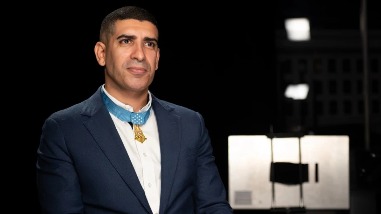 Medal of Honor recipient, retired U.S. Army Capt. Florent Groberg sat down for a video interview at the Pentagon to discuss how the Army helped him succeed in his post-Army life, Arlington, Va., Sept. 28, 2023.