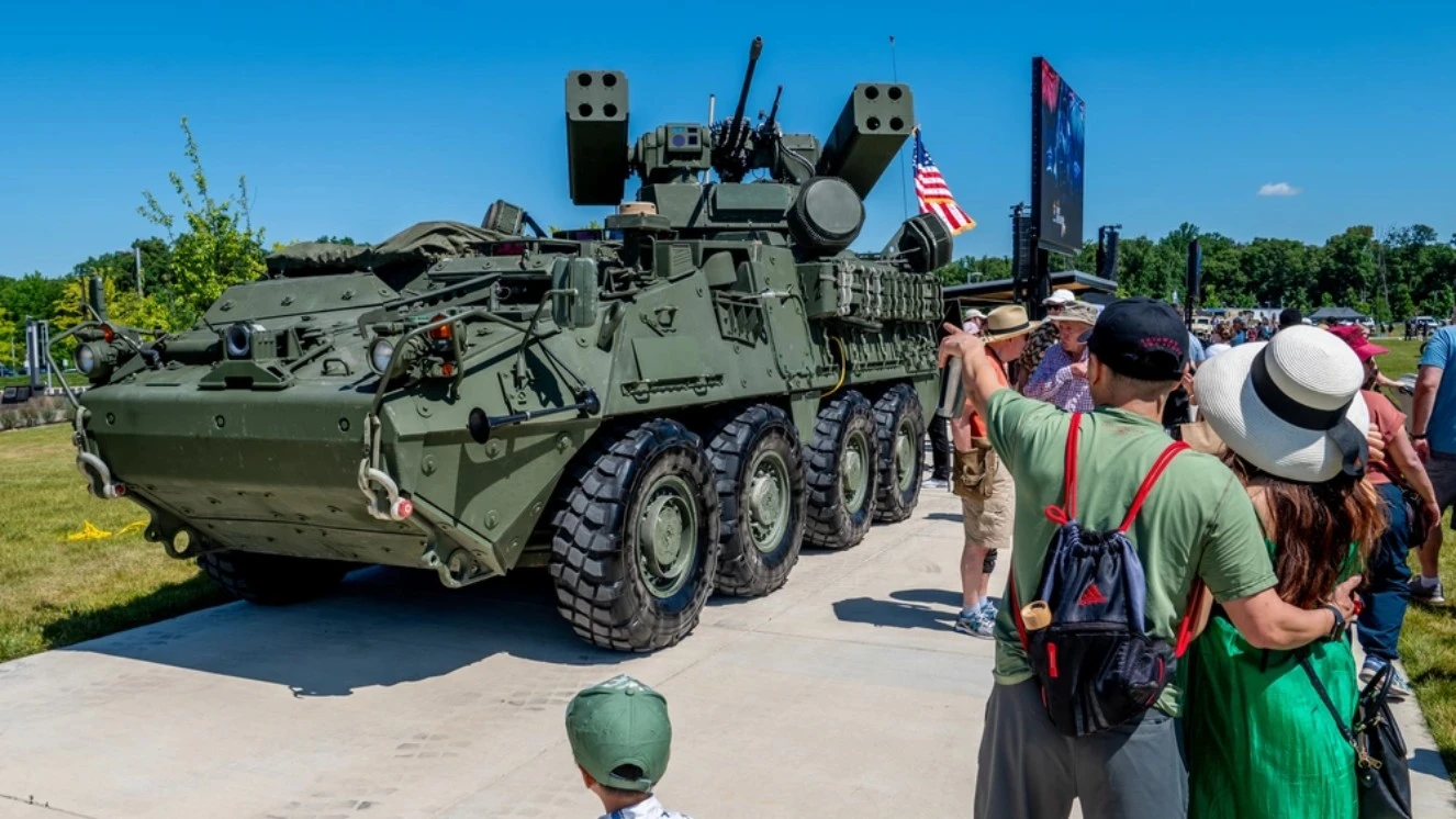 Guests at the 249th Army Birthday Festival inspect the newly unveiled Sgt. Stout Maneuver Short-Range Air Defense system, or M-SHORAD, on a Stryker A1 Armored vehicle at the National Museum of the U.S. Army, Fort Belvoir, Va., June 15, 2024. It is named after Medal of Honor recipient U.S. Army Sgt. Mitchell Stout.