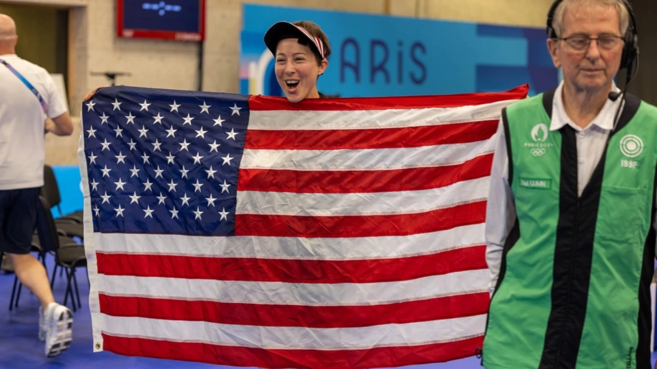 U.S. Army Sgt. Sagen Maddalena, Olympian and a Instructor/Shooter assigned to the U.S. Army Marksmanship Unit, earned the silver medal during the Women's 50m 3 Position Rifle Finals at the Chateauroux Shooting Centre, in Chateauroux, France Aug. 2, 2024.