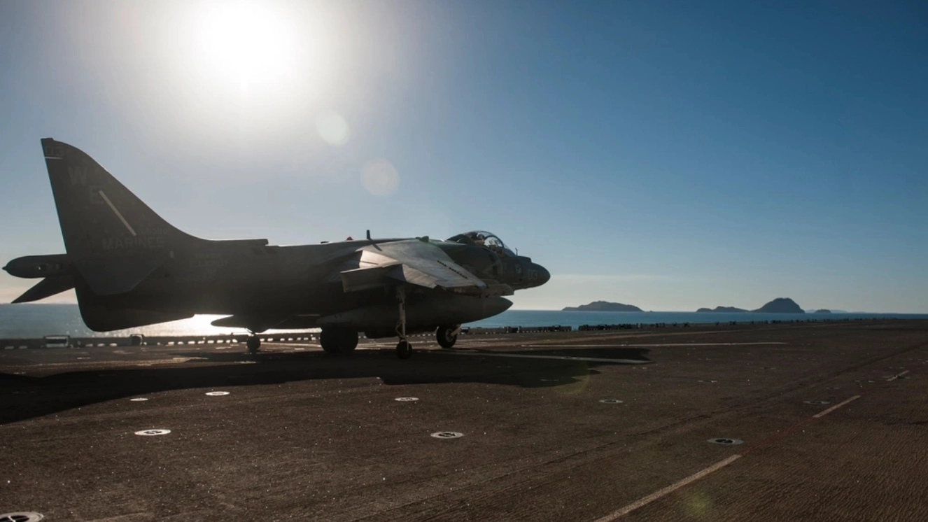 An AV-8B Harrier attached to the Blacksheep of Marine Attack Squadron (VMA) 214 launches from the flight deck of forward-deployed amphibious assault ship USS Bonhomme Richard (LHD 6).