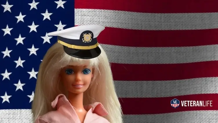 Coat Guard Barbie with an American Flag behind her.