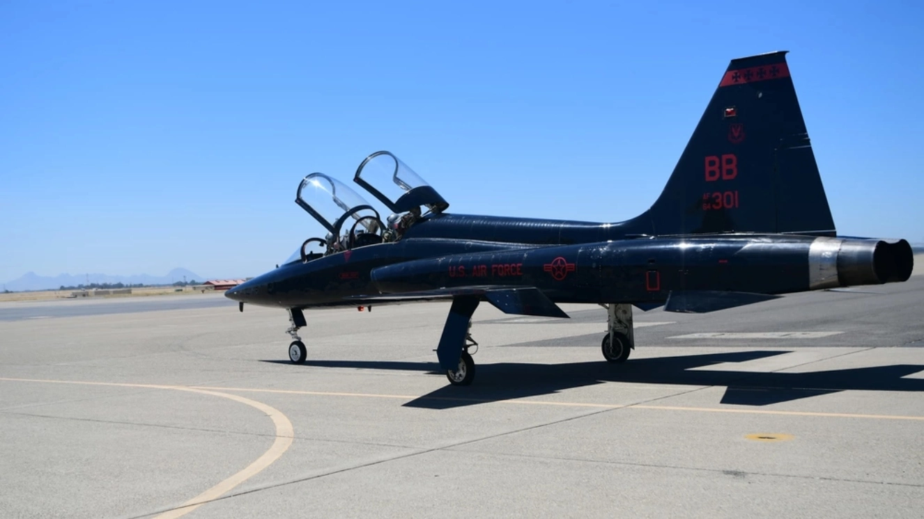 The T-38 taxis onto the runway on July 20, 2022 on Beale Air Force Base, California as we talk funniest call signs.