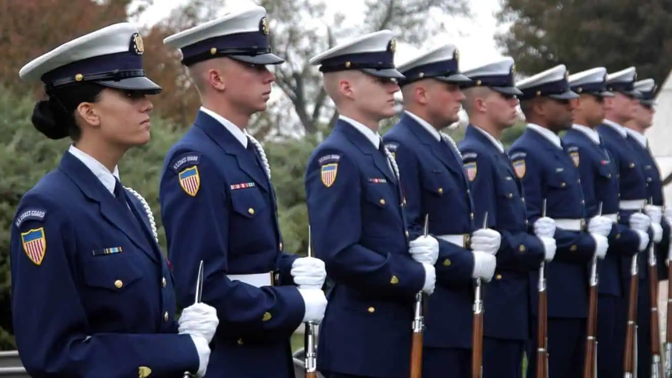 The Coast Guard Honor Guard stands in formation during National Coast Guard Day.