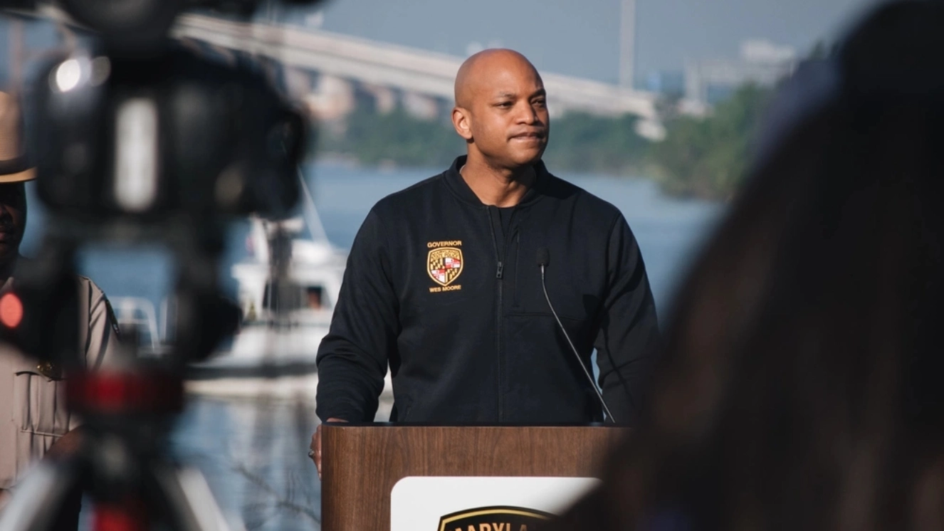 Maryland Governor Wes Moore participates in a press conference on May 21, 2024, in Baltimore, Maryland, following the re-float and removal of the M/V DALI. Wreckage removal continues at the site of the Francis Scott Key Bridge collapse in order to fully reopen the Fort McHenry Federal Channel. (U.S. Army Corps of Engineers photo by Thomas I. Deaton)