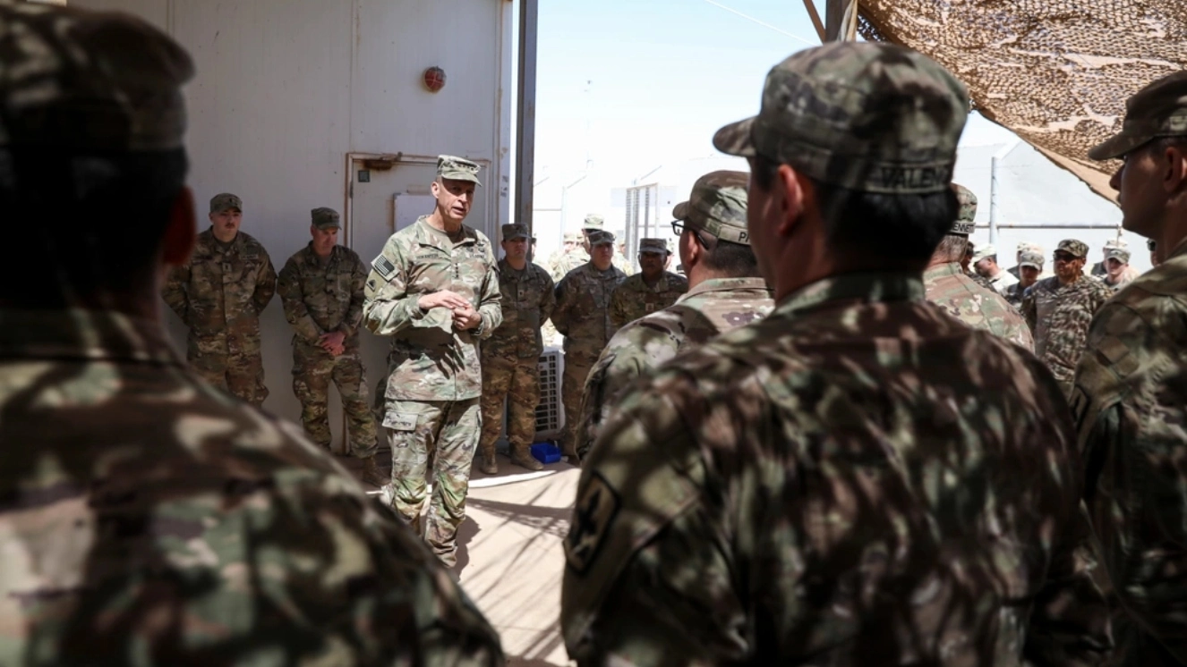 Army Gen. Daniel Hokanson, chief, National Guard Bureau, and SEA Tony Whitehead, senior enlisted advisor to the CNGB, visit National Guardsmen deployed within the U.S. Central Command area of responsibility March 15, 2024 for the Tower 22 attack. (Courtesy Photo)